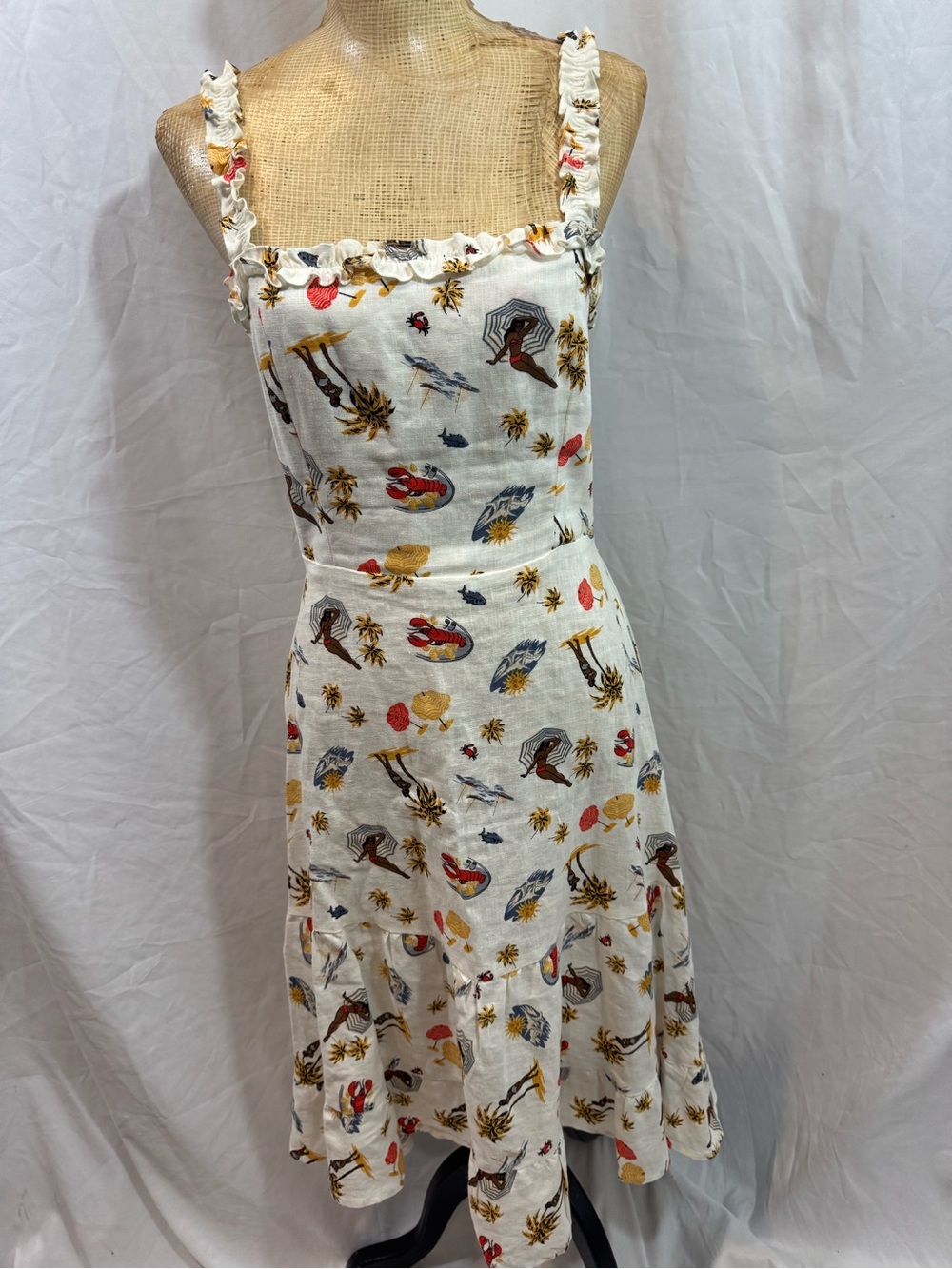 Reformation Women’s Sleeveless Beach Print Linen Dress - White M